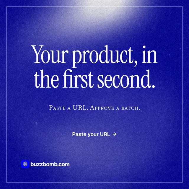 Instagram post for BuzzBomb: "Your product, in the first second." Editorial style, smallcaps layout, dark palette in blue.