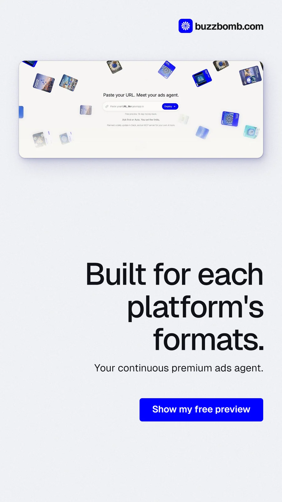 Instagram story for BuzzBomb: "Built for each platform's formats." Data card style, right layout, light palette in white, blue.