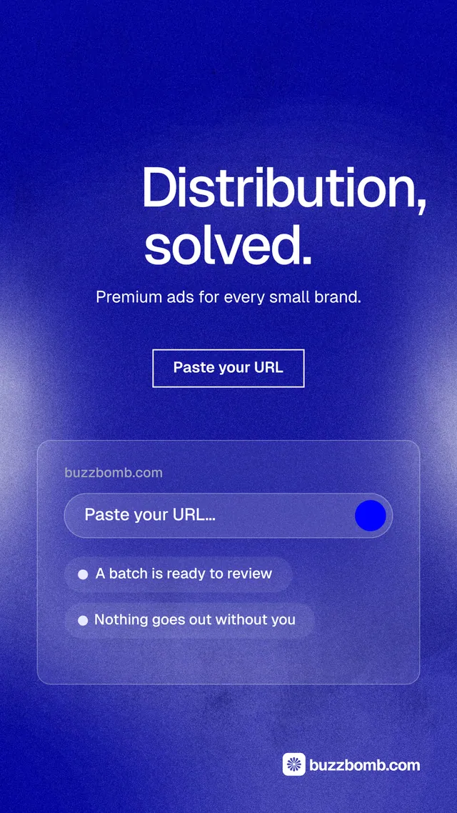 Instagram story for BuzzBomb: "Distribution, solved." Cyanotype style, centred layout, dark palette in blue.