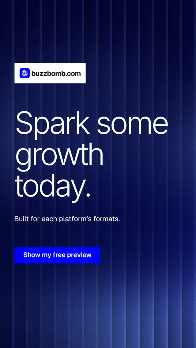 Instagram story for BuzzBomb: "Spark some growth today." Swiss style, announce layout, dark palette in blue.