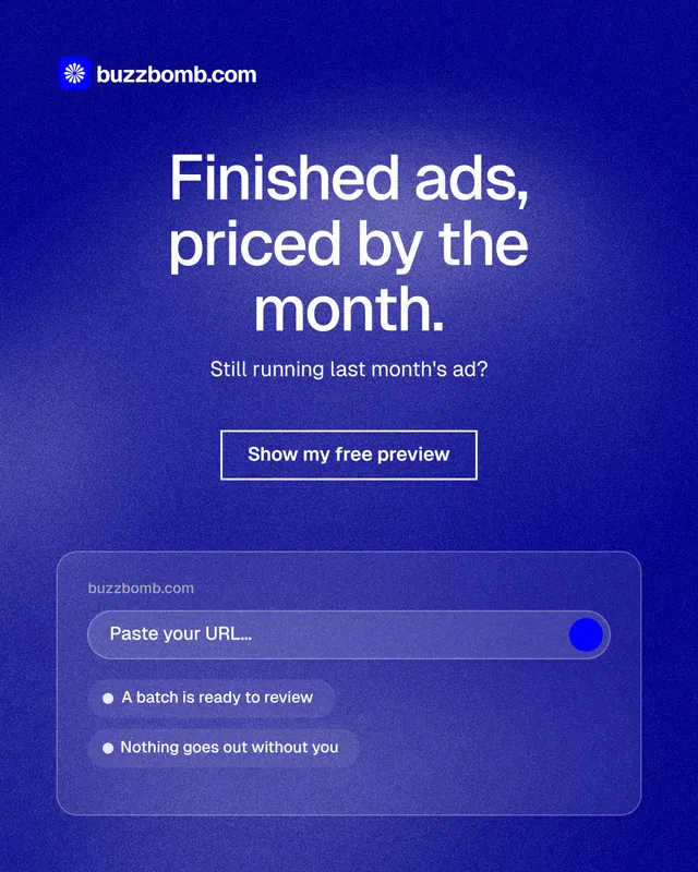 Instagram portrait post for BuzzBomb: "Finished ads, priced by the month." Cyanotype style, centred layout, dark palette in blue.