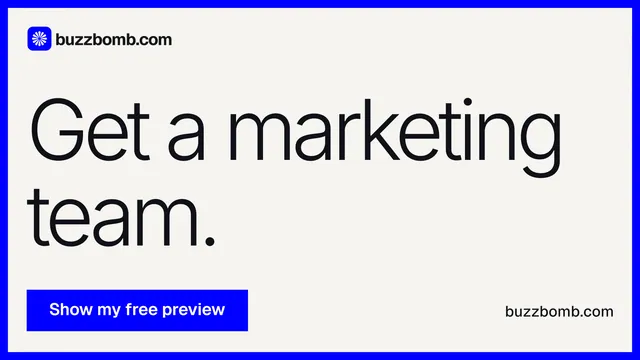 Landscape graphic for BuzzBomb: "Get a marketing team." Swiss style, poster layout, light palette in white, blue.