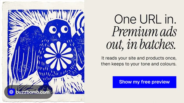 Landscape graphic for BuzzBomb: "One URL in. Premium ads out, in batches." Swiss style, right layout, light palette in yellow, blue, grey.
