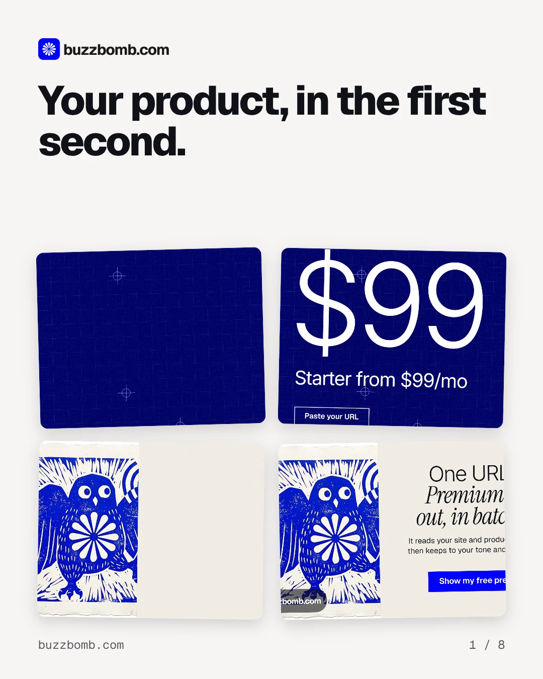 Carousel for BuzzBomb: "Your product, in the first second.". Collection carousel, 8 slides, light palette.