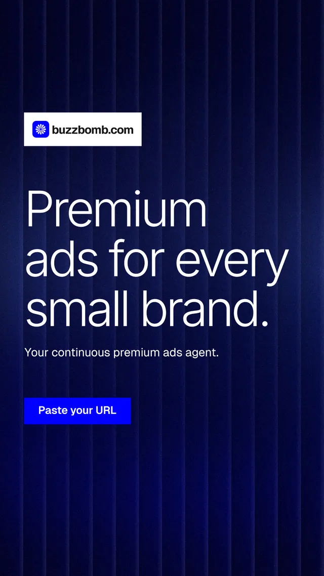 Instagram story for BuzzBomb: "Premium ads for every small brand." Swiss style, announce layout, dark palette in blue, black, grey.