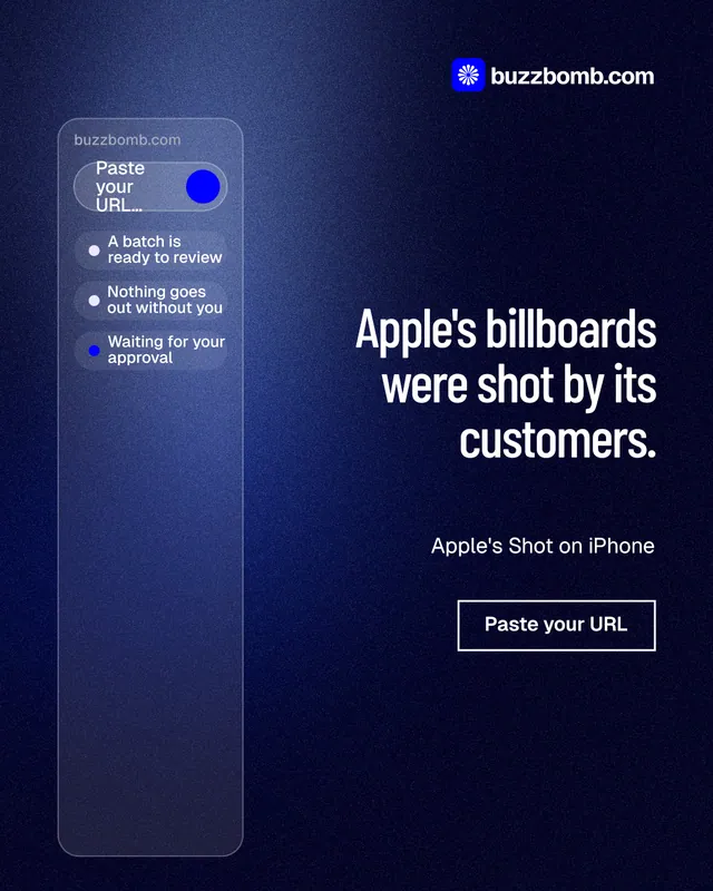Instagram portrait post for BuzzBomb: "Apple's billboards were shot by its customers." Dark deco style, right layout, dark palette in blue, black.
