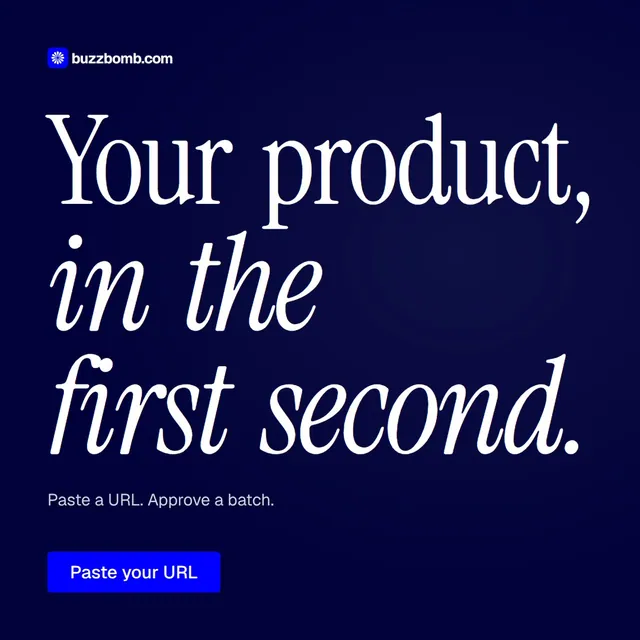 Video for BuzzBomb: "Your product, in the first second.". Doc motion loop, 6.0 s, dark palette.