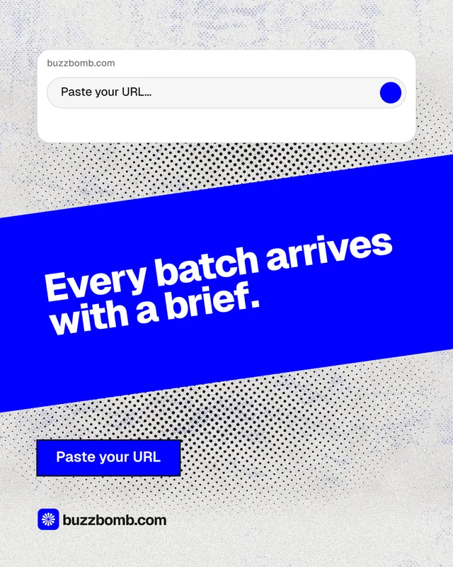 Instagram portrait post for BuzzBomb: "Every batch arrives with a brief." Ink sticker style, diagonal layout, light palette in blue, white.