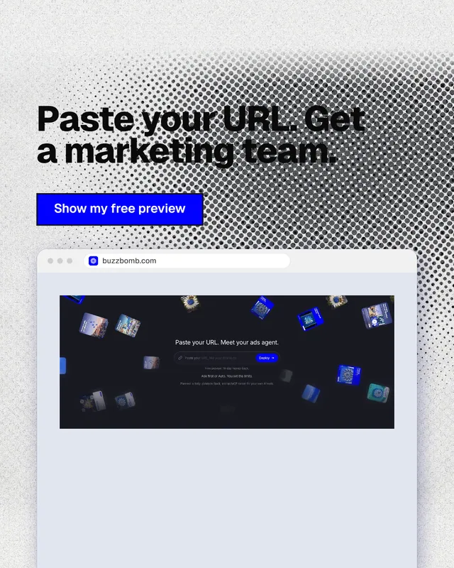 Instagram portrait post for BuzzBomb: "Paste your URL. Get a marketing team." Ink sticker style, browser layout, light palette in grey, blue, white.