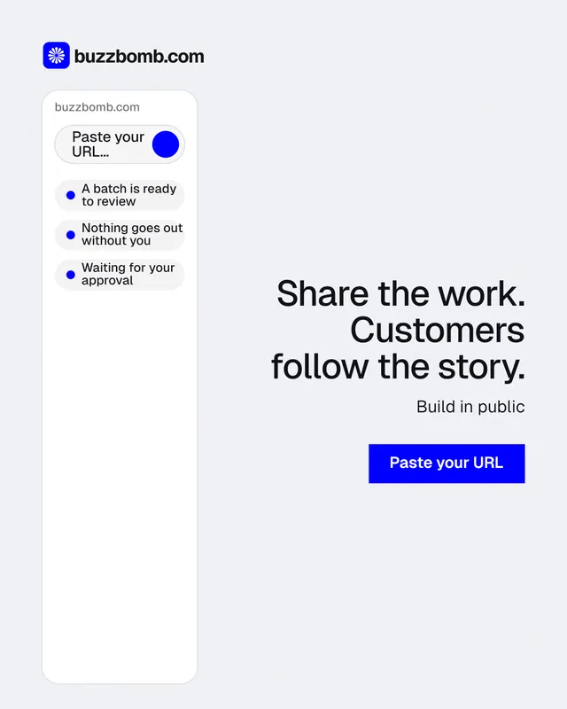 Instagram portrait post for BuzzBomb: "Share the work. Customers follow the story." Swiss style, right layout, light palette in white, blue.