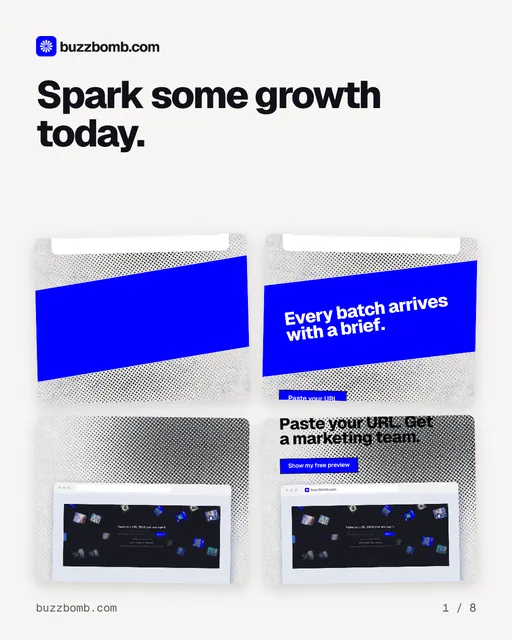 Carousel for BuzzBomb: "Spark some growth today.". Collection carousel, 8 slides, light palette.