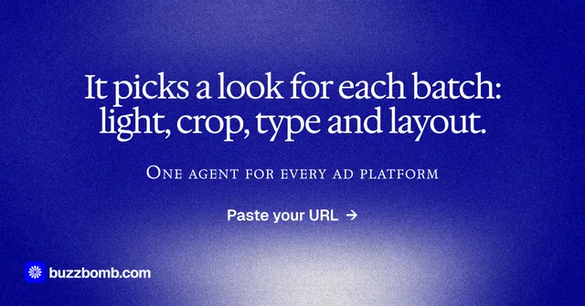 Social ad for BuzzBomb: "It picks a look for each batch: light, crop, type and layout." Cyanotype style, smallcaps layout, dark palette in blue.
