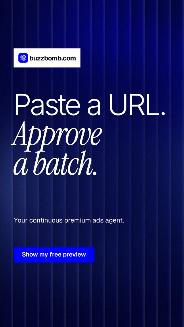 Instagram story for BuzzBomb: "Paste a URL. Approve a batch." Swiss style, announce layout, dark palette in blue.