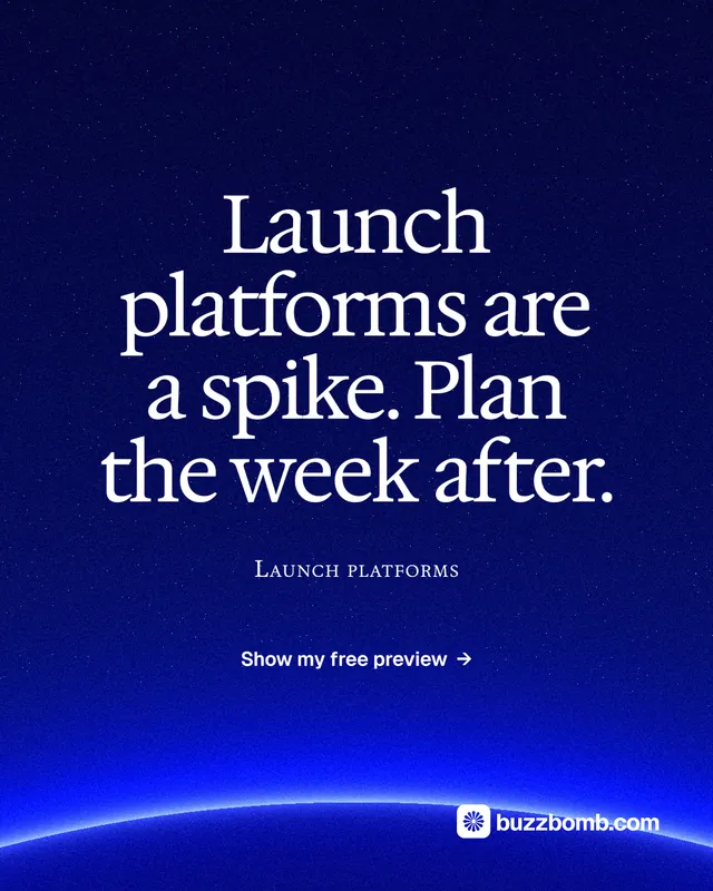 Instagram portrait post for BuzzBomb: "Launch platforms are a spike. Plan the week after." Swiss style, smallcaps layout, dark palette in blue.