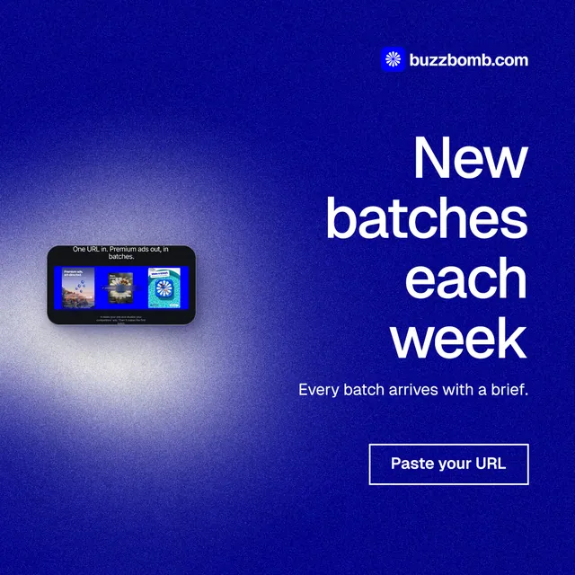 Instagram post for BuzzBomb: "New batches each week". Cyanotype style, right layout, dark palette in blue.