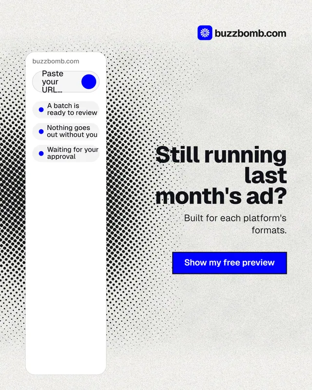 Instagram portrait post for BuzzBomb: "Still running last month's ad?" Ink sticker style, right layout, light palette in white, grey.
