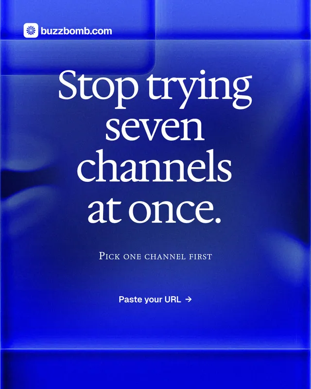 Instagram portrait post for BuzzBomb: "Stop trying seven channels at once." Swiss style, smallcaps layout, dark palette in blue.