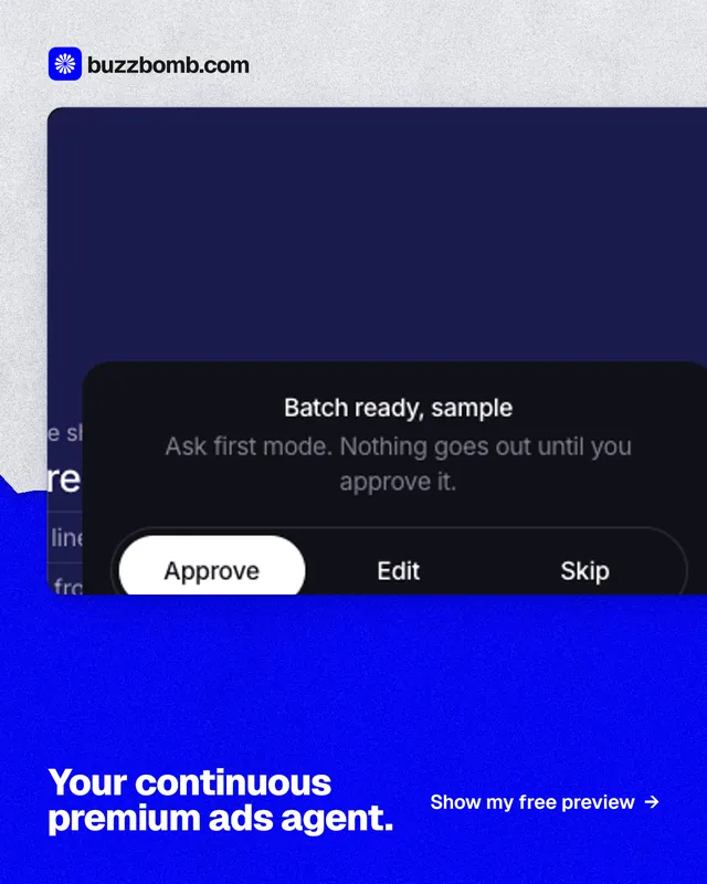 Instagram portrait post for BuzzBomb: "Your continuous premium ads agent." Paper trio style, image led layout, dark palette in blue, white.