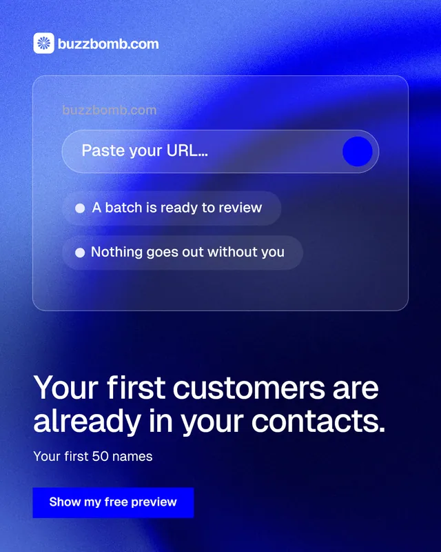 Instagram portrait post for BuzzBomb: "Your first customers are already in your contacts." Swiss style, bottom layout, dark palette in blue.