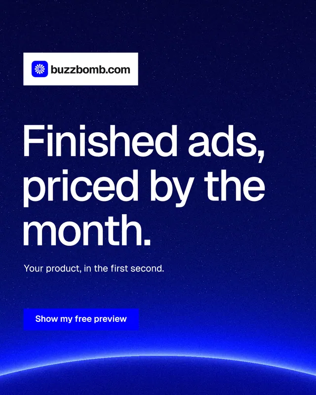 Instagram portrait post for BuzzBomb: "Finished ads, priced by the month." Swiss style, announce layout, dark palette in blue.