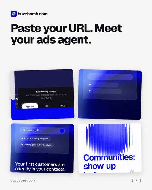 Carousel for BuzzBomb: "Paste your URL. Meet your ads agent.". Collection carousel, 8 slides, light palette.