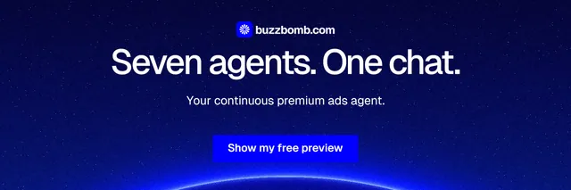 X header for BuzzBomb: "Seven agents. One chat." Swiss style, centred layout, dark palette in blue.