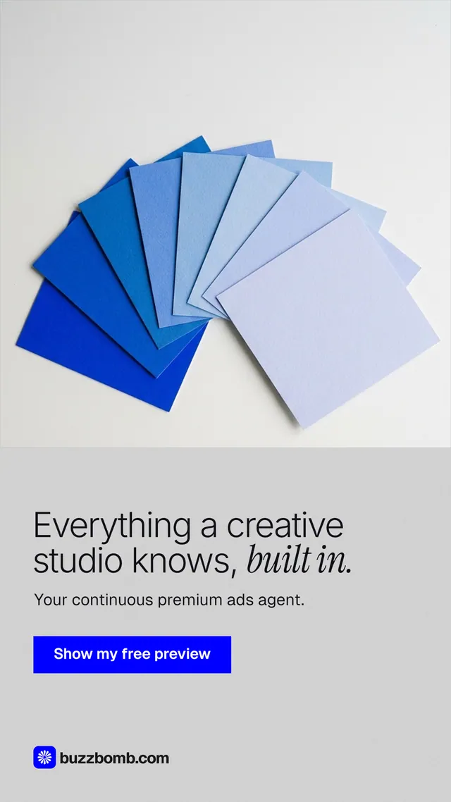 Instagram story for BuzzBomb: "Everything a creative studio knows, built in." Swiss style, bottom layout, light palette in white, blue.