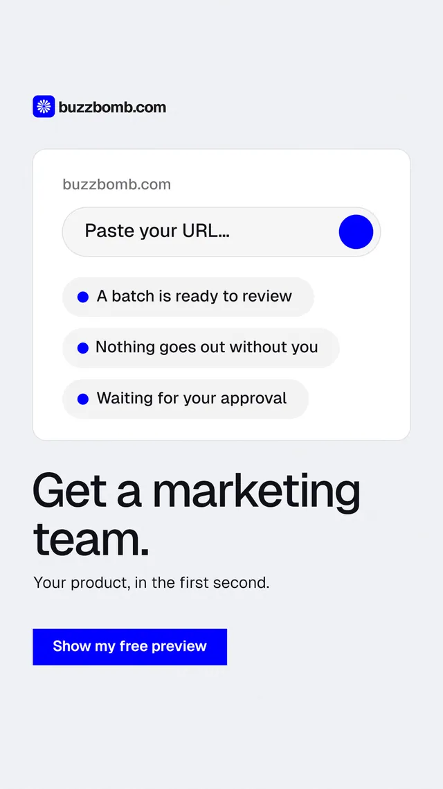 Instagram story for BuzzBomb: "Get a marketing team." Swiss style, bottom layout, light palette in white, blue.