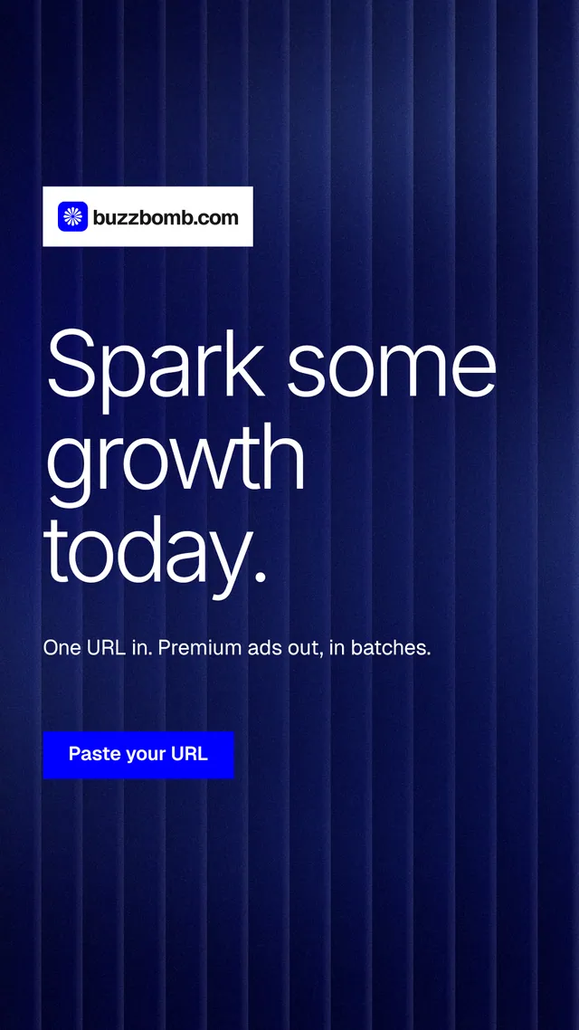 Instagram story for BuzzBomb: "Spark some growth today." Swiss style, announce layout, dark palette in blue.