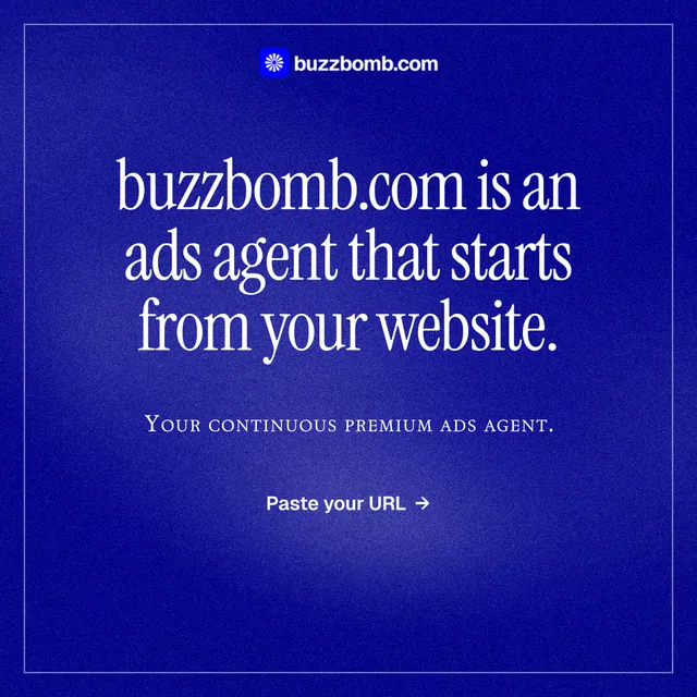 Instagram post for BuzzBomb: "buzzbomb.com is an ads agent that starts from your website." Editorial style, smallcaps layout, dark palette in blue.