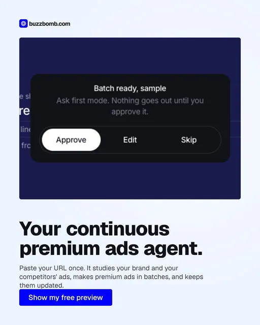 Video for BuzzBomb: "Your continuous premium ads agent.". Doc motion loop, 8.0 s, light palette.