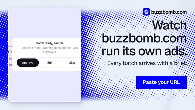 Landscape graphic for BuzzBomb: "Watch buzzbomb.com run its own ads." Swiss style, right layout, light palette in white, blue.