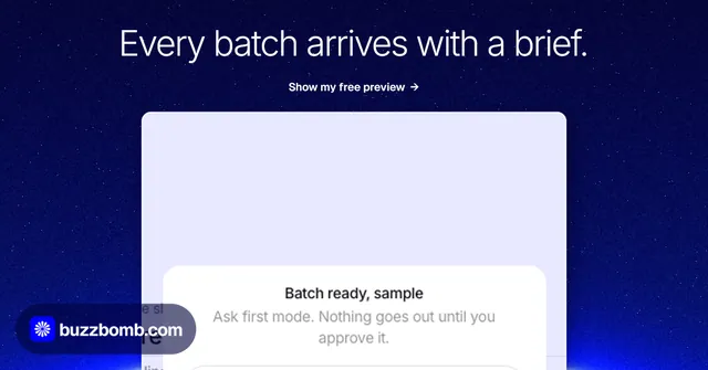 Social ad for BuzzBomb: "Every batch arrives with a brief." Swiss style, ogui layout, dark palette in blue, white.