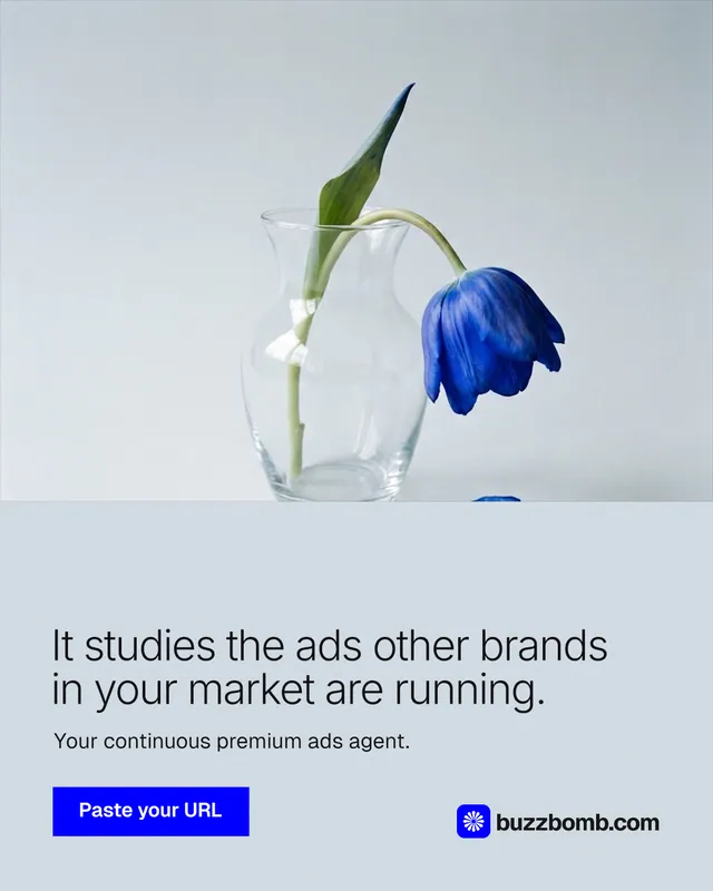 Instagram portrait post for BuzzBomb: "It studies the ads other brands in your market are running." Swiss style, bottom layout, light palette in blue, white.