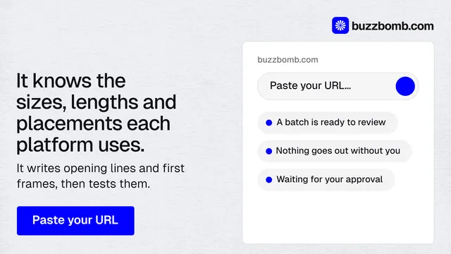 Landscape graphic for BuzzBomb: "It knows the sizes, lengths and placements each platform uses." Data card style, bottom layout, light palette in white, blue.