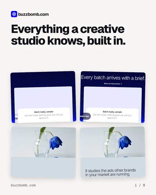 Carousel for BuzzBomb: "Everything a creative studio knows, built in.". Collection carousel, 8 slides, light palette.