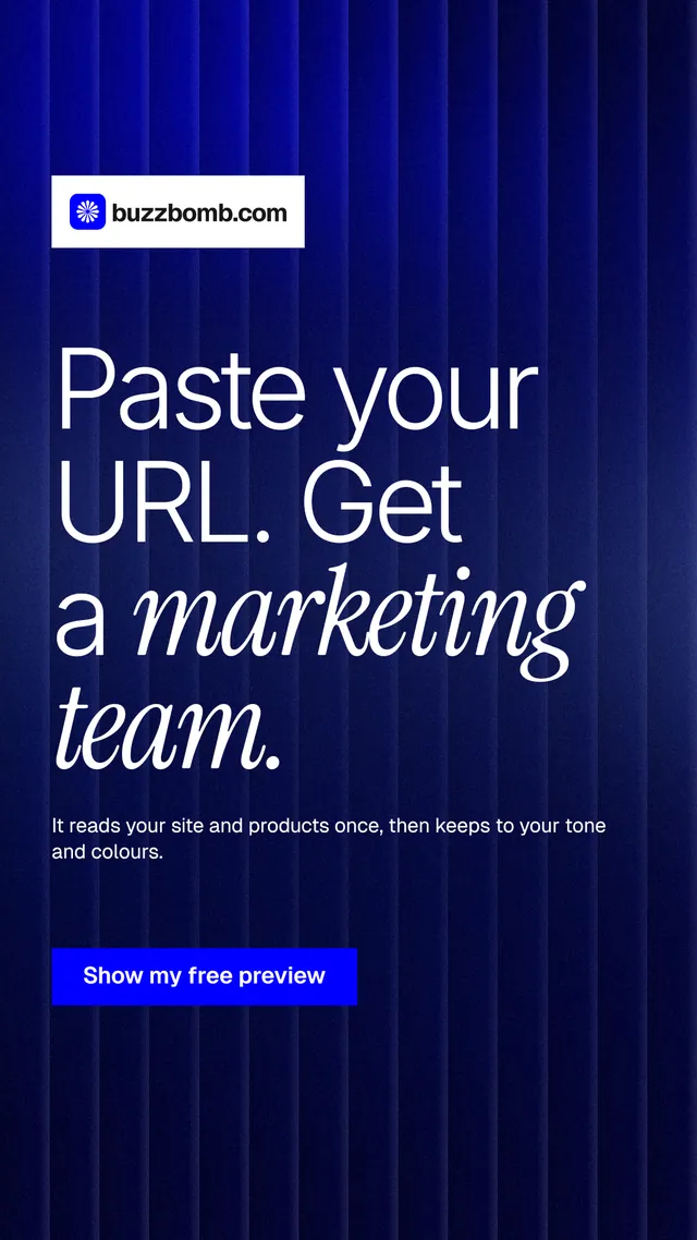 Instagram story for BuzzBomb: "Paste your URL. Get a marketing team." Swiss style, announce layout, dark palette in black, blue.