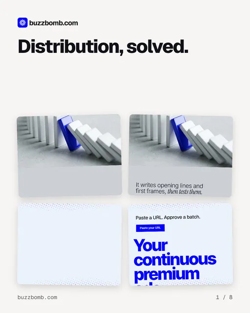 Carousel for BuzzBomb: "Distribution, solved.". Collection carousel, 8 slides, light palette.