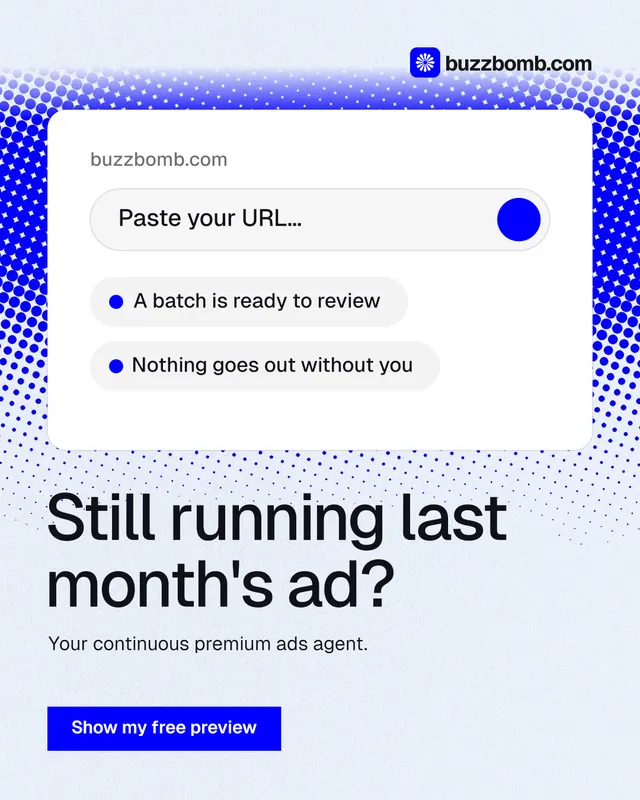 Instagram portrait post for BuzzBomb: "Still running last month's ad?" Swiss style, bottom layout, light palette in white, blue.