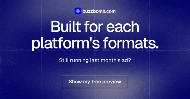 Social ad for BuzzBomb: "Built for each platform's formats." Cyanotype style, centred layout, dark palette in blue.