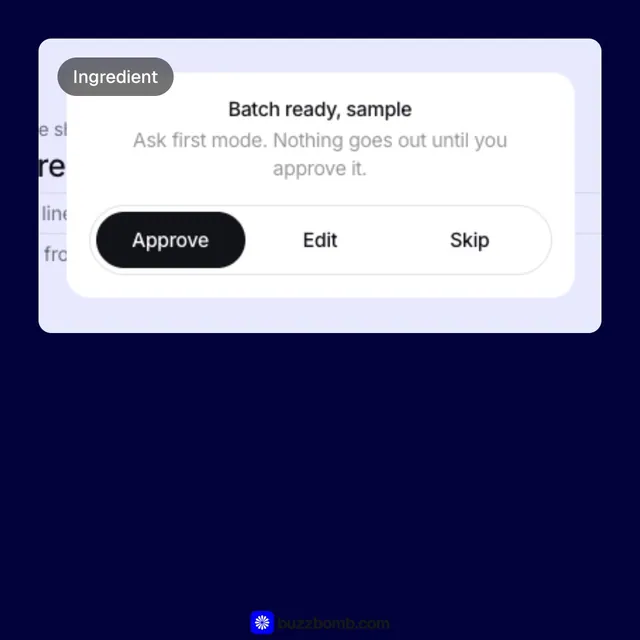 Video for BuzzBomb: "Every batch arrives with a brief.". Before after wipe, 6.0 s, dark palette.