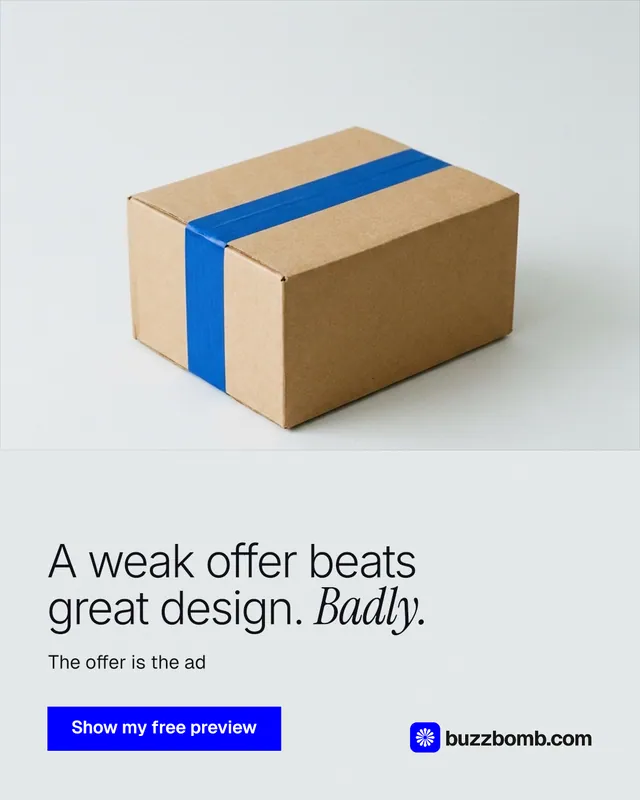 Instagram portrait post for BuzzBomb: "A weak offer beats great design. Badly." Swiss style, bottom layout, light palette in white, grey.