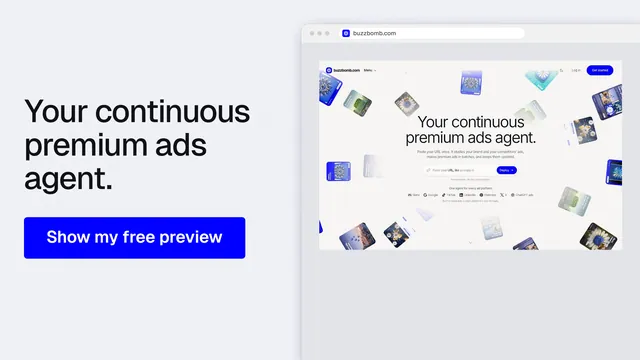 Landscape graphic for BuzzBomb: "Your continuous premium ads agent." Data card style, browser layout, light palette in white, blue.