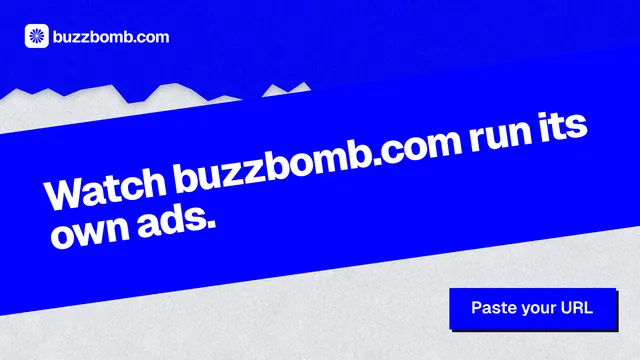 Landscape graphic for BuzzBomb: "Watch buzzbomb.com run its own ads." Paper trio style, diagonal layout, dark palette in blue.