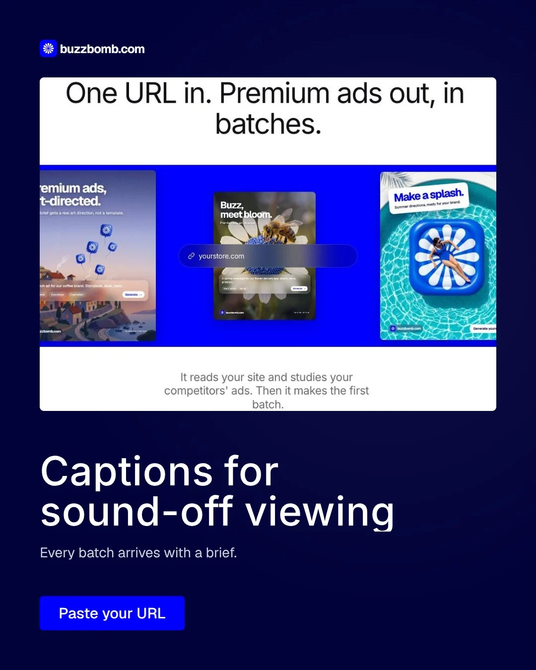 Video for BuzzBomb: "Captions for sound-off viewing". Doc motion loop, 8.0 s, dark palette.
