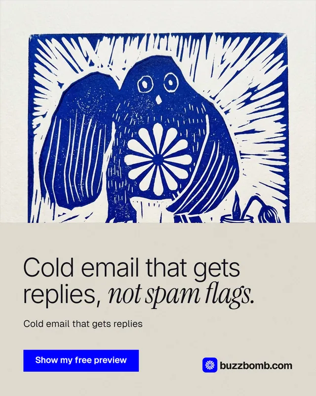 Instagram portrait post for BuzzBomb: "Cold email that gets replies, not spam flags." Swiss style, bottom layout, light palette in yellow, blue, grey.