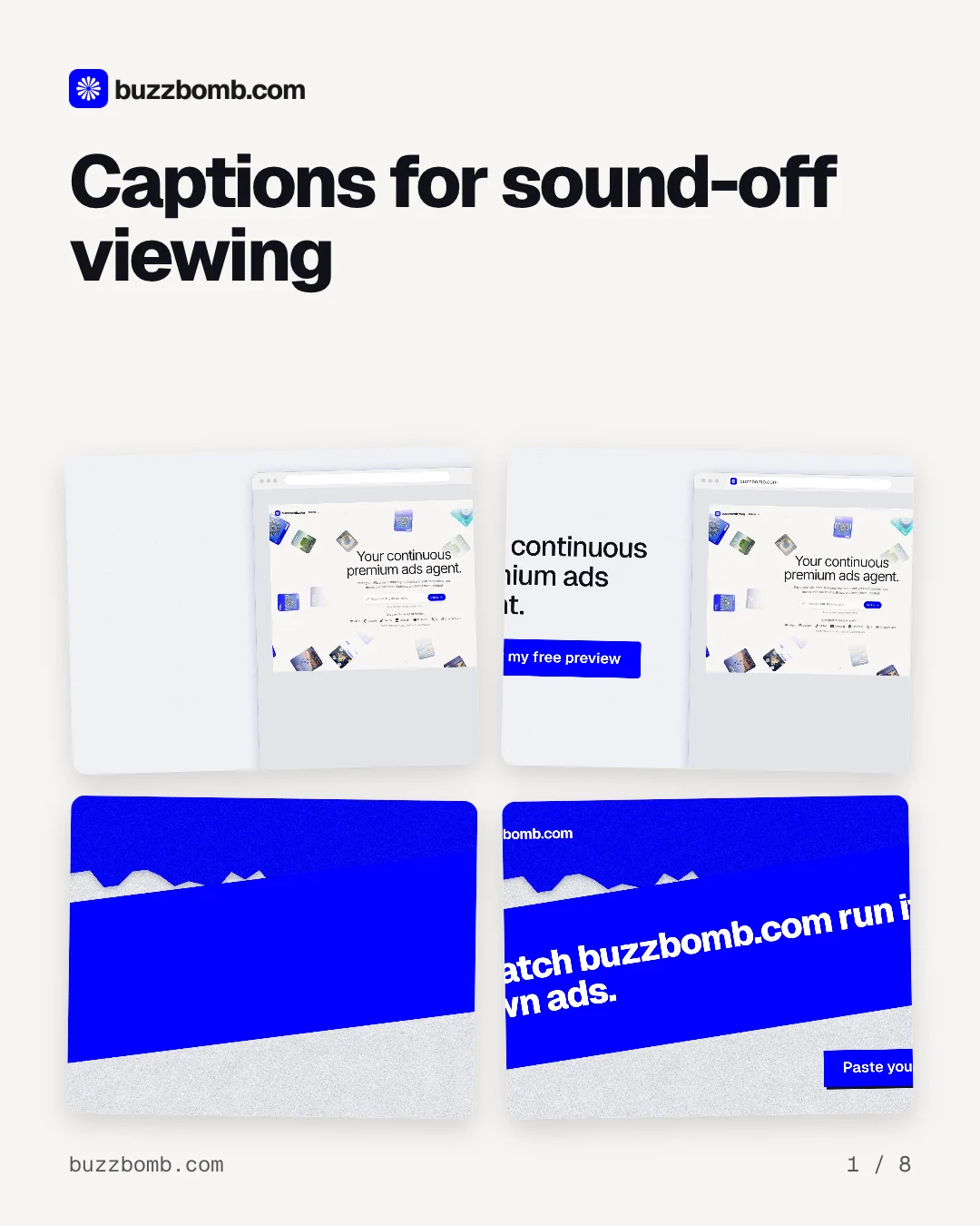 Carousel for BuzzBomb: "Captions for sound-off viewing". Collection carousel, 8 slides, light palette.