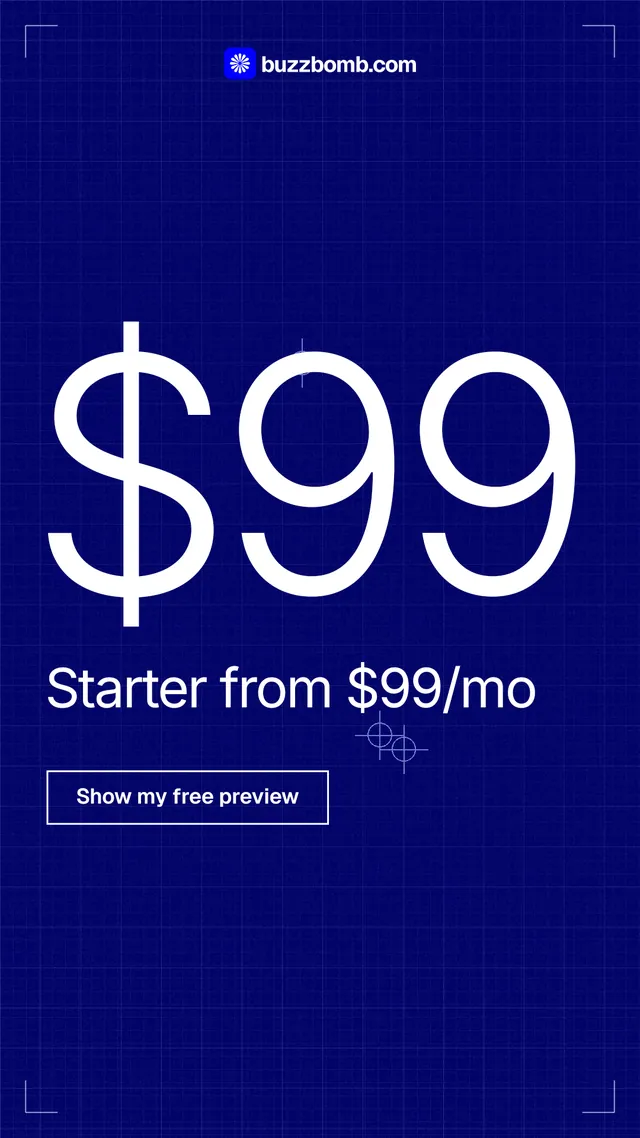 Instagram story for BuzzBomb: "Finished ads, priced by the month." Blueprint style, stat layout, dark palette in blue.