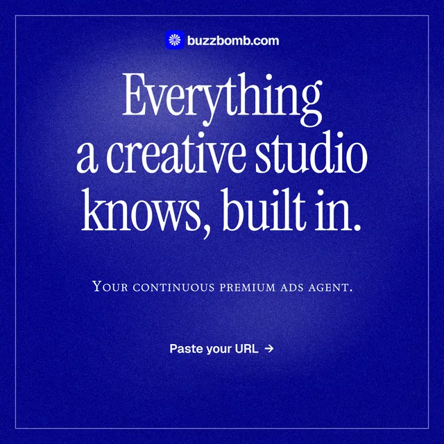 Instagram post for BuzzBomb: "Everything a creative studio knows, built in." Editorial style, smallcaps layout, dark palette in blue.