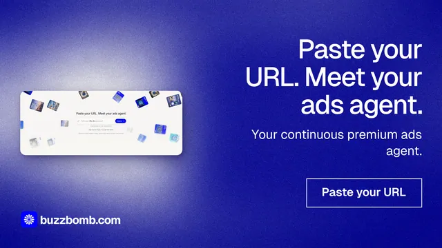 Landscape graphic for BuzzBomb: "Paste your URL. Meet your ads agent." Cyanotype style, right layout, dark palette in blue.